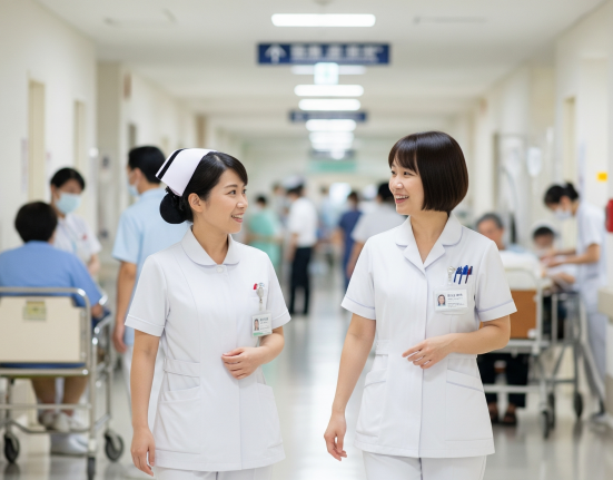 female nurses talking in a busy hospital setting
