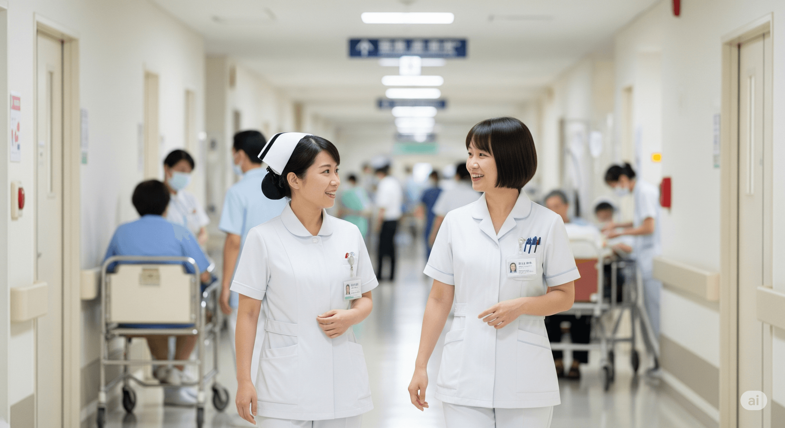 female nurses talking in a busy hospital setting