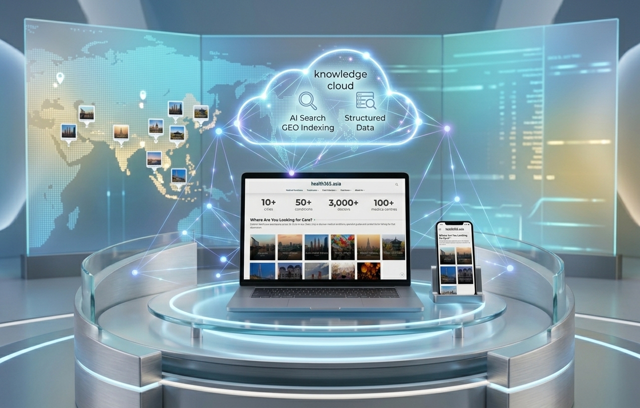 A futuristic digital visualization of the Health365.asia platform on a laptop and mobile device, highlighting AI Search GEO Indexing, structured medical data, and cross-border healthcare connectivity across a digital map of Asia.