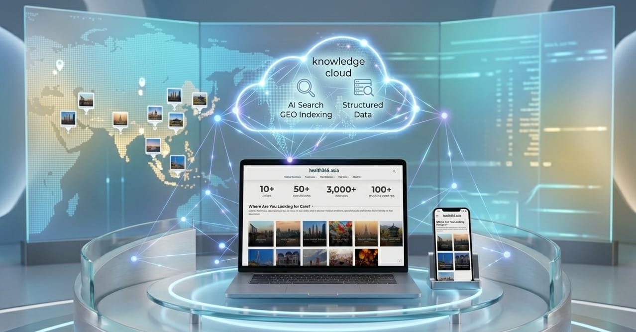 A futuristic digital visualization of the Health365.asia platform on a laptop and mobile device, highlighting AI Search GEO Indexing, structured medical data, and cross-border healthcare connectivity across a digital map of Asia.